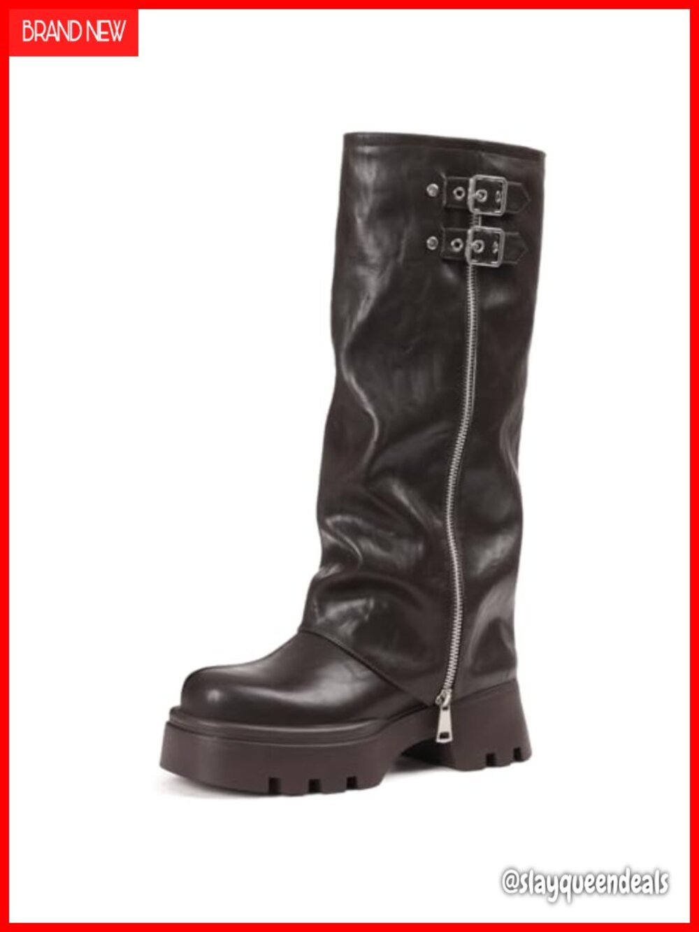 Foldover Knee High Boots Faux Leather Chunky Platform Moto